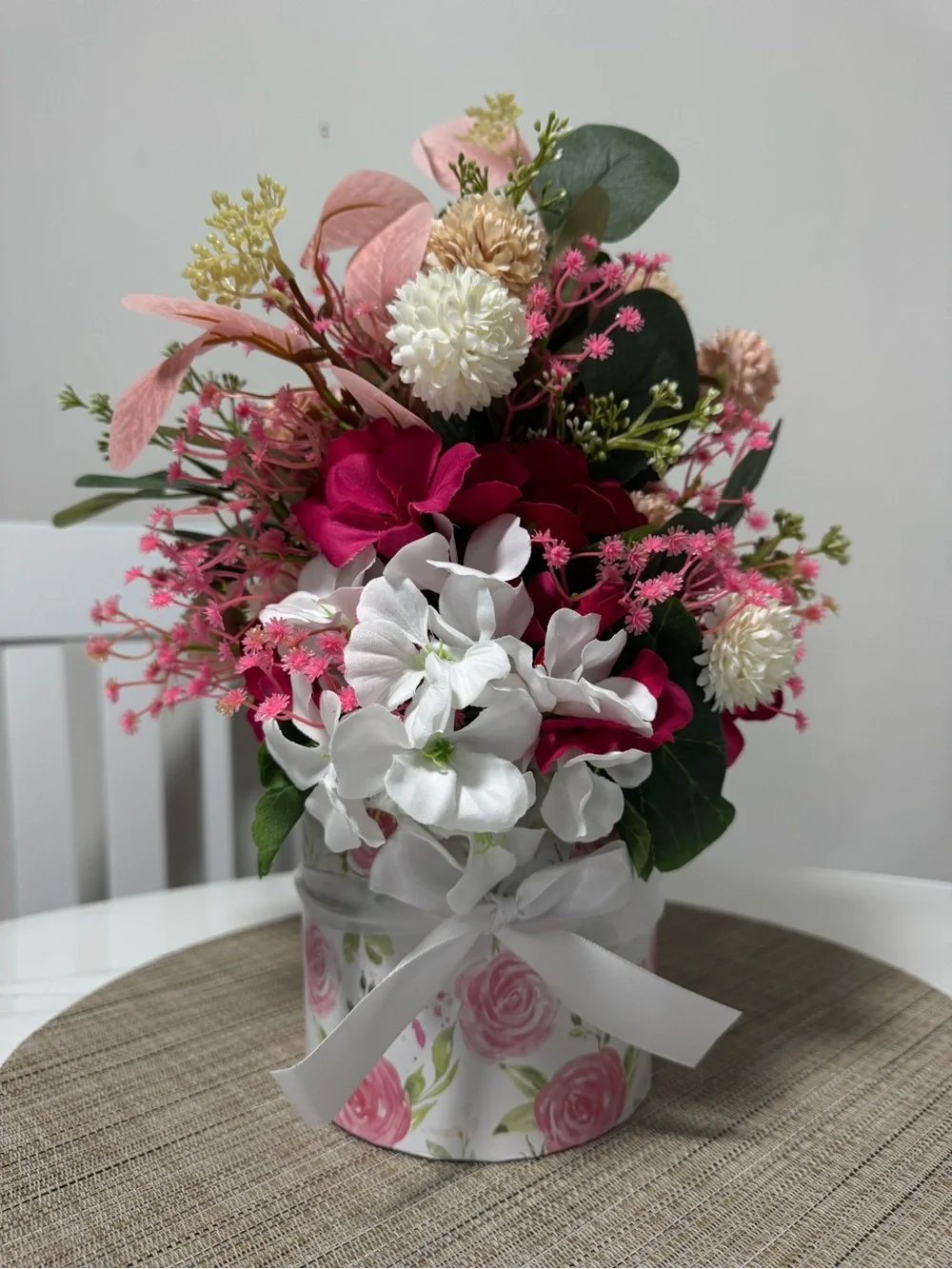 Pink & White Floral Arrangement in Decorative Hatbox